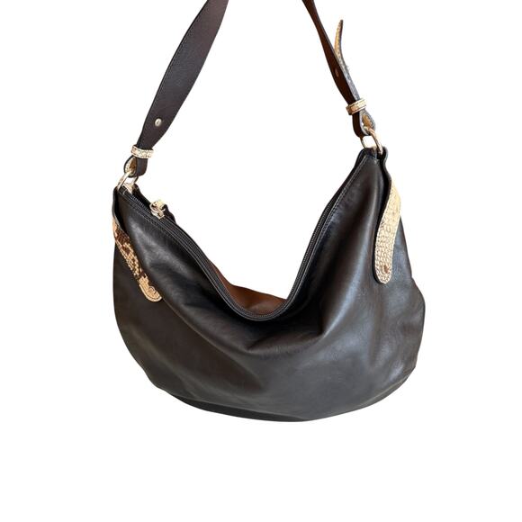 Italian Leather Curved Bottom Hobo Bag Black Python Trim - Picture 4 of 9